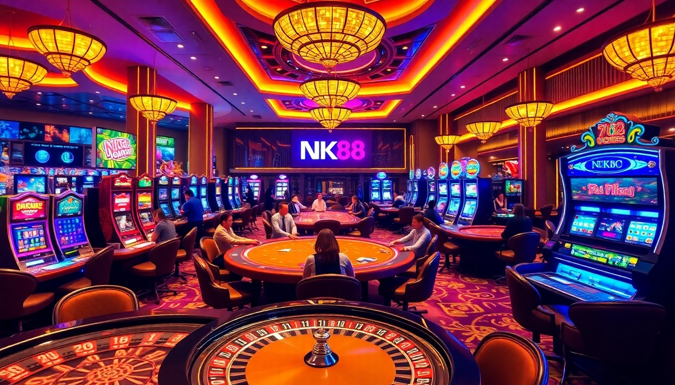 Players enjoying a high-stakes game at NK88 casino with vibrant tables and slot machines.