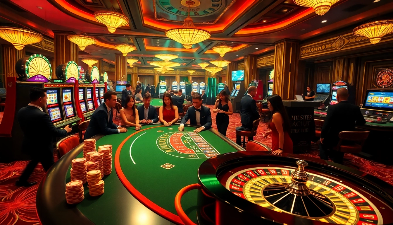 Experience kèo nhà cái in a vibrant casino atmosphere featuring players engrossed in blackjack, spinning roulette, and flashy slot machines.