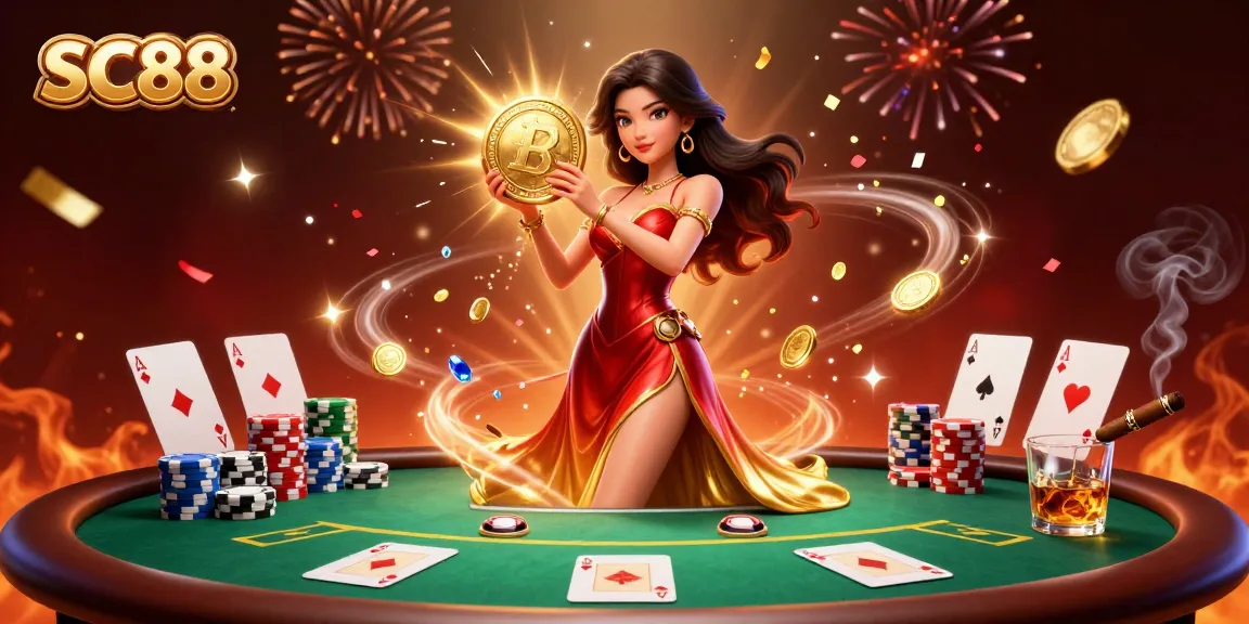 Experience thrilling poker gameplay with SC88, featuring a stunning gradient gown and golden coins.