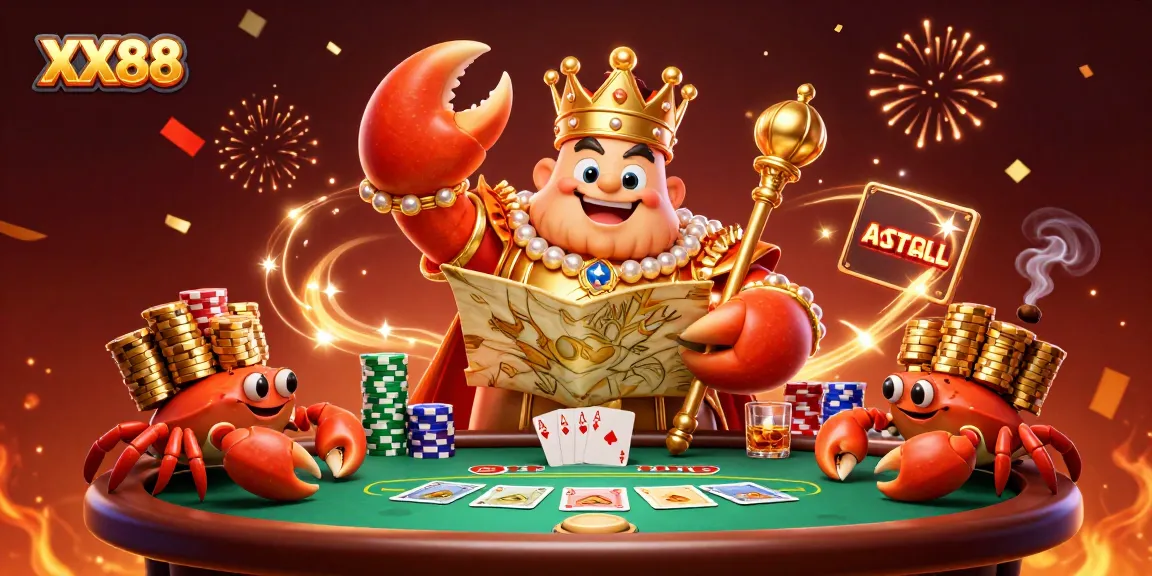 Win big with XX88 at a vibrant casino scene featuring a golden crab emperor amidst poker elements and festive decor.