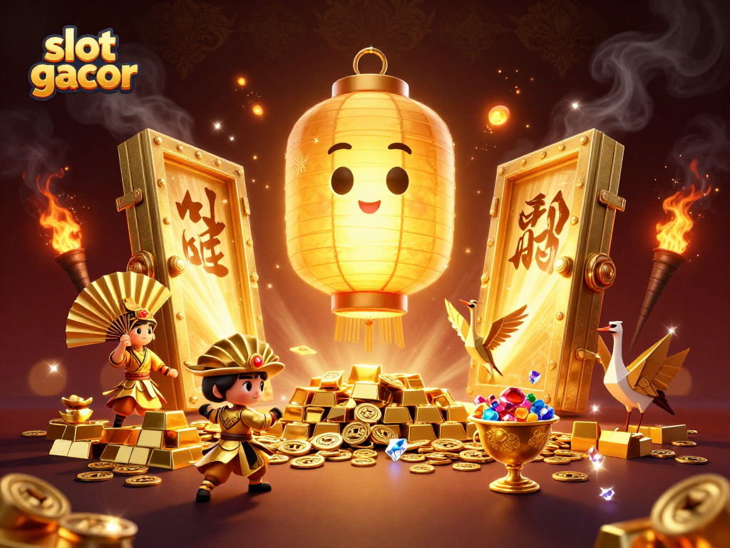 Experience the excitement of slot gacor with golden lantern spirits and treasure in this vibrant casino scene.