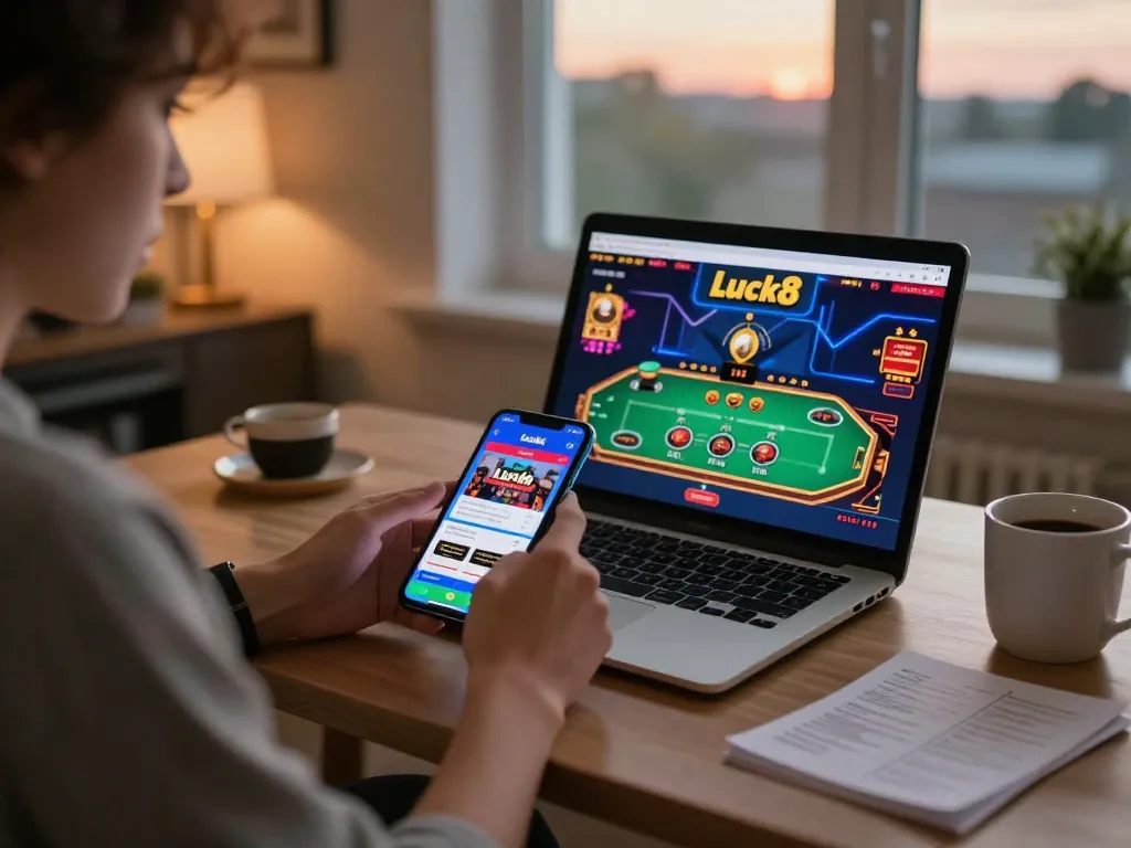 Engaging player enjoying online gambling at Luck8, focusing on live dealer game, cozy home atmosphere.
