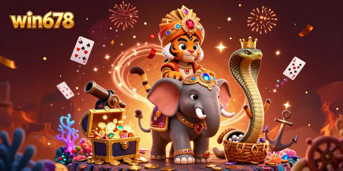 Play exciting games at win678 with a vibrant casino-themed illustration showcasing action-packed gaming elements.