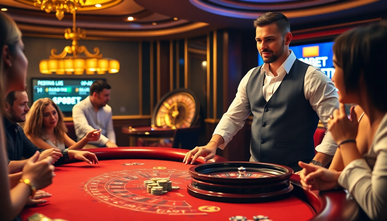 Engage with SP8BET at a vibrant casino featuring a live blackjack table and spinning roulette wheel.