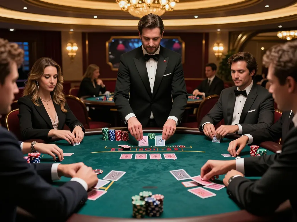 Engaged players at a blackjack table in mb66 casino, placing strategic bets with focused expressions.