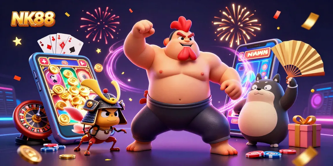 Play exhilarating slot games at NK88 with a dynamic scene featuring a sumo wrestler rooster and fierce samurai cricket.