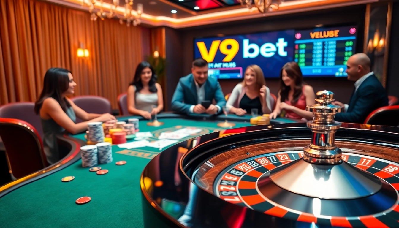 V9bet casino scene featuring vibrant gaming tables and a roulette wheel, exuding excitement.