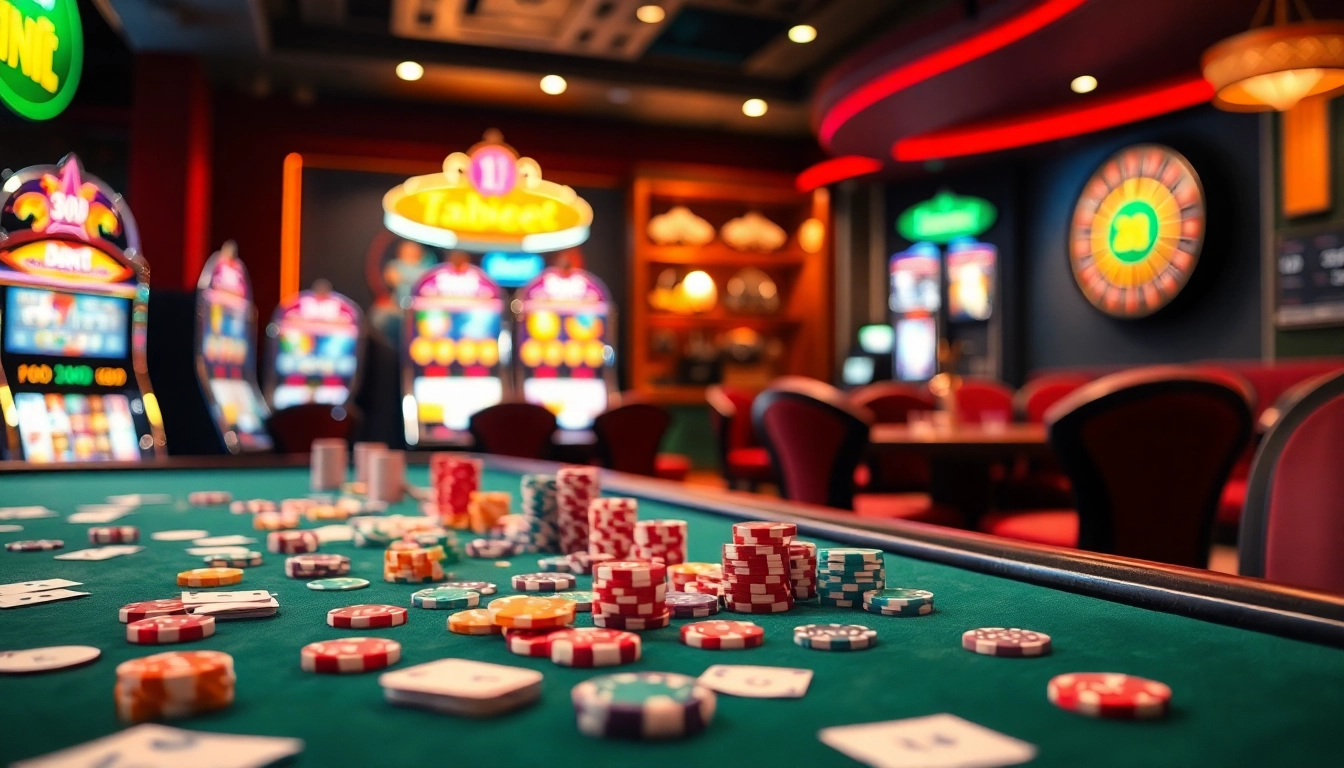 Players engaging in exciting casino games at a luxurious table, featuring tabet poker chips.