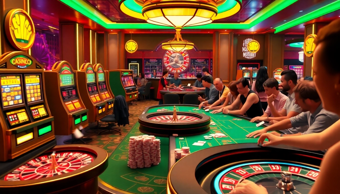 Players celebrating wins at PG66 casino, featuring vibrant tables and colorful slot machines.