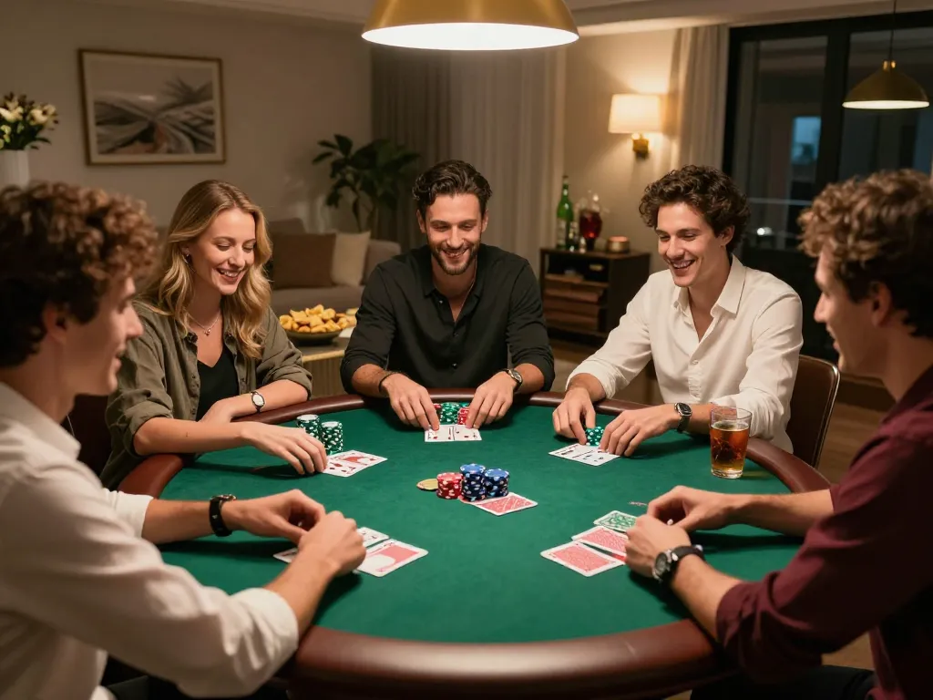 Friends enjoying a lively poker night at home, showcasing engaging gameplay at https://fabet.credit/ with chips and cards.