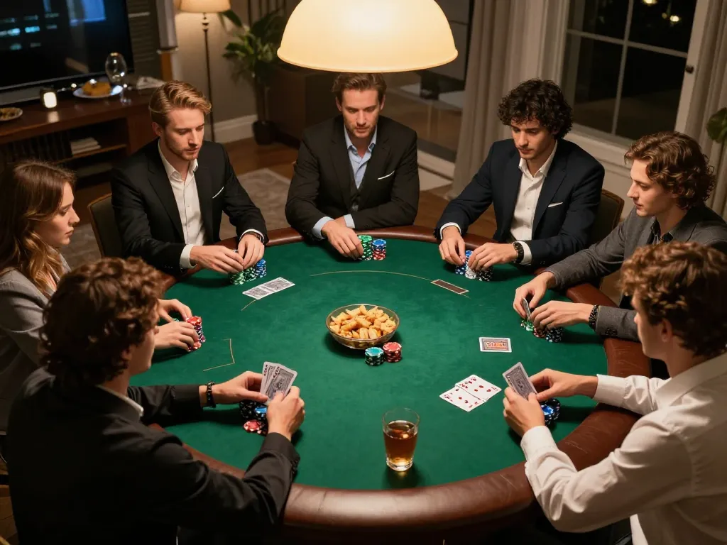 five88 players enjoying a friendly poker game at home, showcasing strategy and social fun.