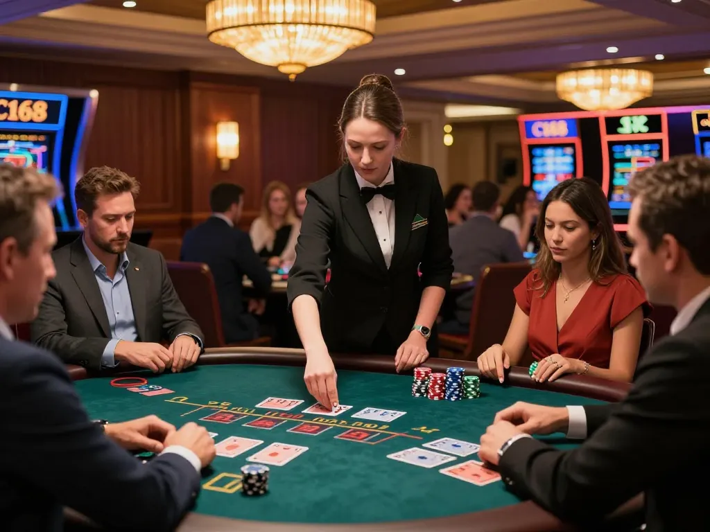 C168 Casino's live dealer blackjack table featuring engaged players and a professional dealer, showcasing an upscale gaming experience.