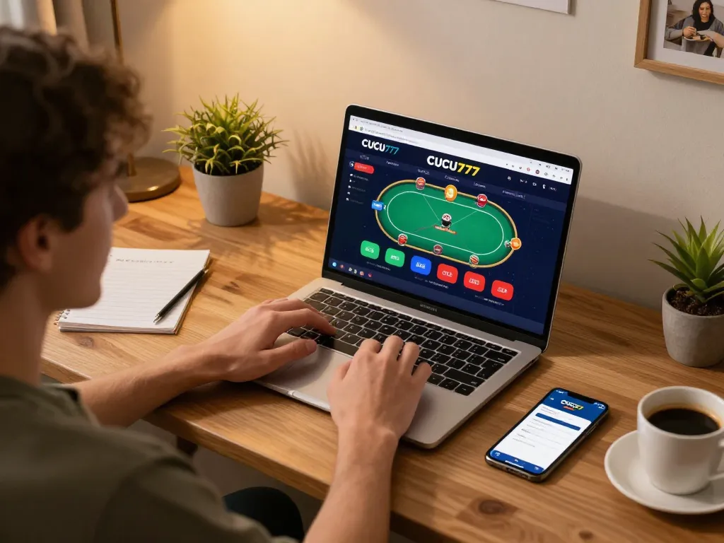 Experience engaging gameplay on CUCU777 with a user at a cozy home setup, showcasing an interactive poker game.