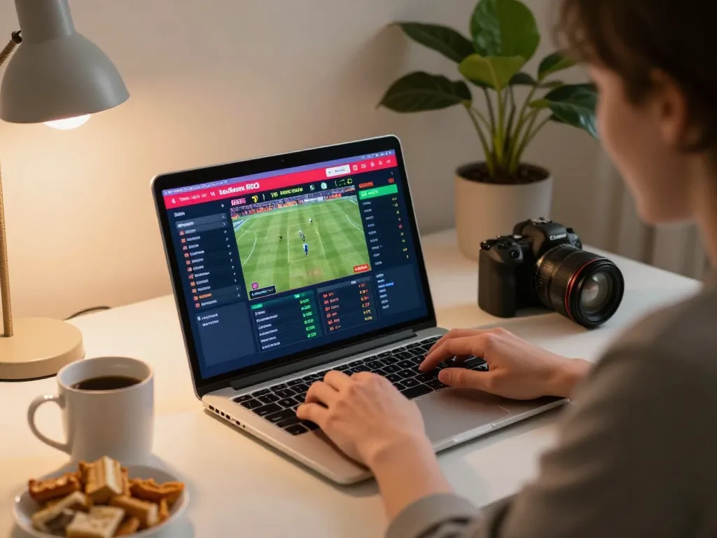 Engaging with live sports betting on ok365 through a laptop at home, casual ambiance with snacks.
