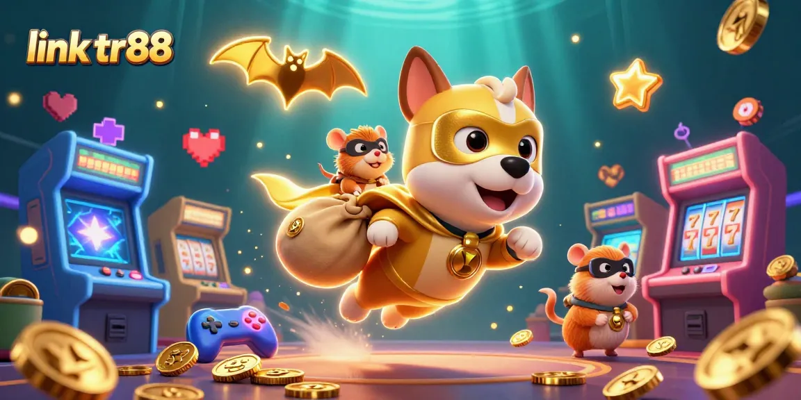 Join the excitement at link tr88 as our superhero dog carries gold coins amidst dynamic casino themes.