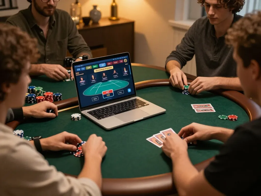 Engage in a thrilling poker night with friends at 88vv, showcasing chips and cards in a cozy setting