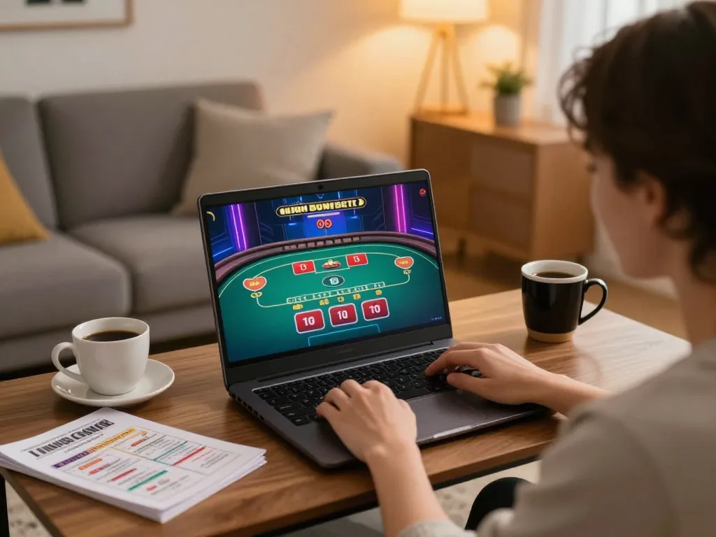 Player enjoying online casino gameplay at home using a laptop with hit-club interface.