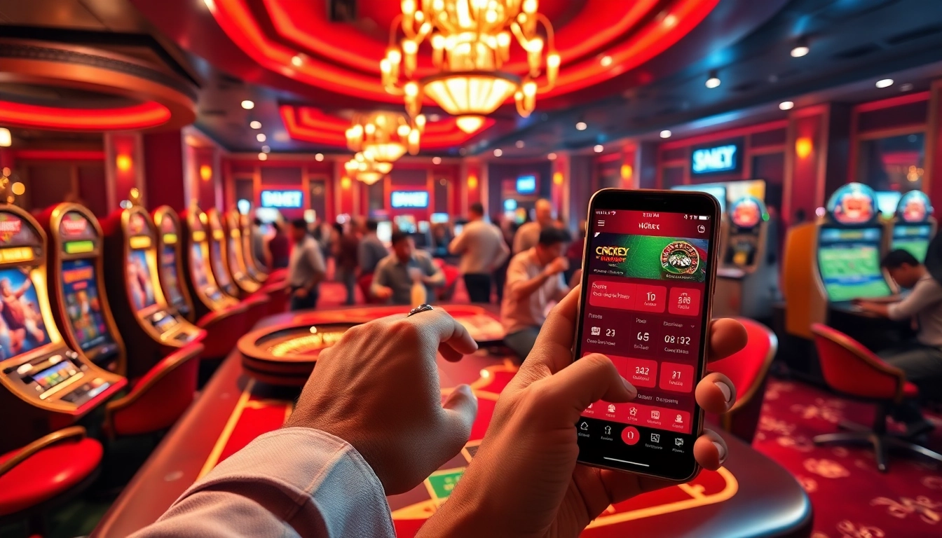Crickex app user engaging in intense online cricket betting with vibrant casino atmosphere and table games.