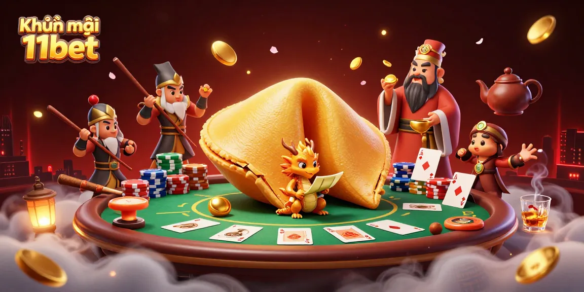 Engage with Khuyến mãi 11bet through a vibrant 3D casino-themed illustration featuring a fortune cookie and poker elements.