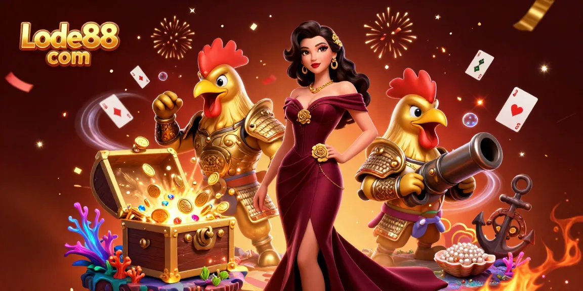 Lode88 com showcases a glamorous scene with a woman and a golden rooster warrior celebrating casino victories.