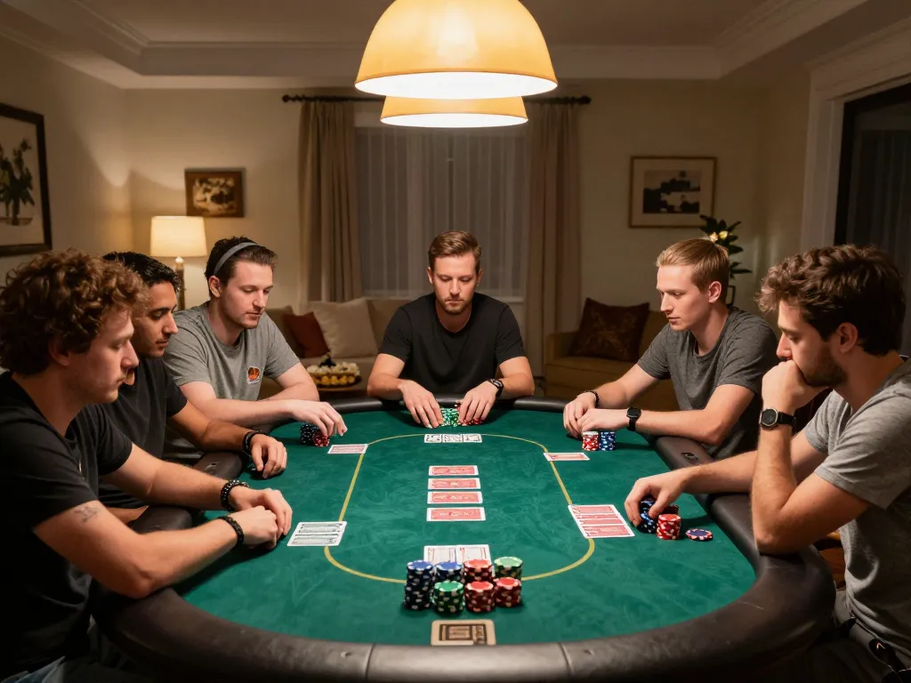 mb66 poker game night with friends, showcasing strategy and social interaction around a premium table