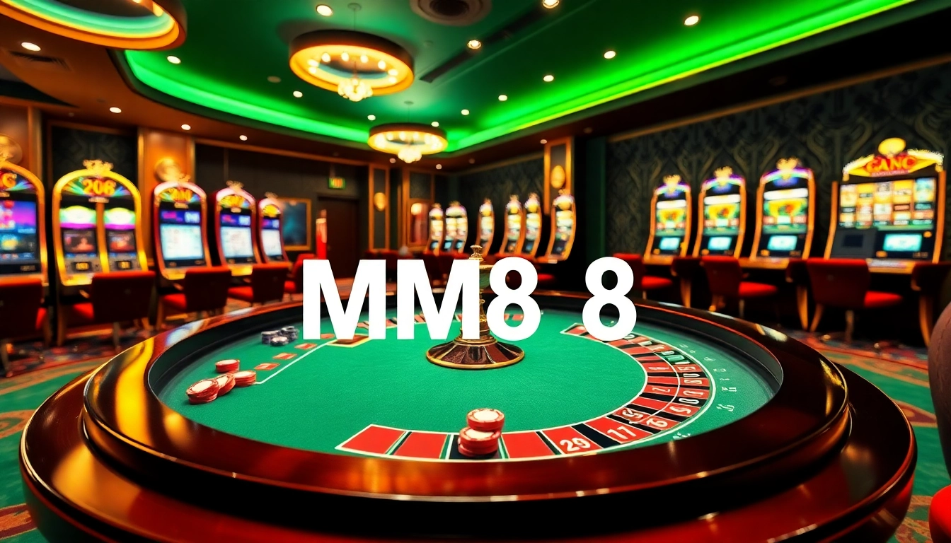 Experience excitement at MM88 with a vibrant casino scene featuring roulette and poker games.