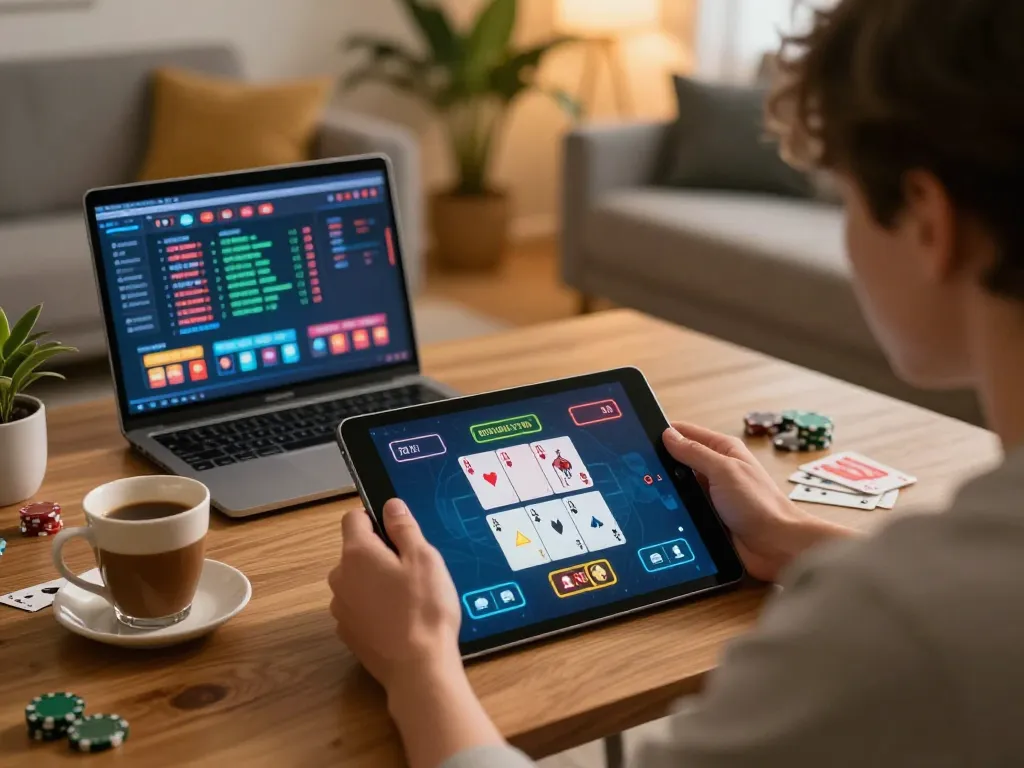Player enjoying an exciting JUN88 poker game on tablet in a cozy home setting