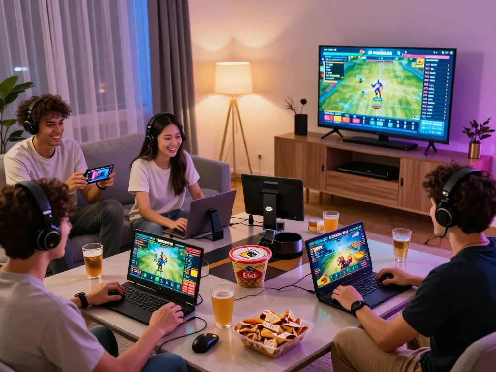 Hitclub gaming enthusiasts enjoying diverse games in a lively living room atmosphere, showcasing social interaction and excitement.