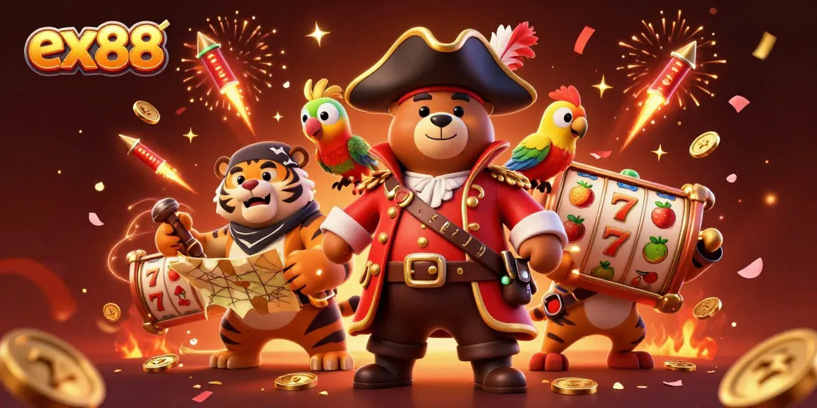 Experience the thrill of ex88 with a vibrant 3D casino scene featuring a pirate bear, tiger, and slot reels.