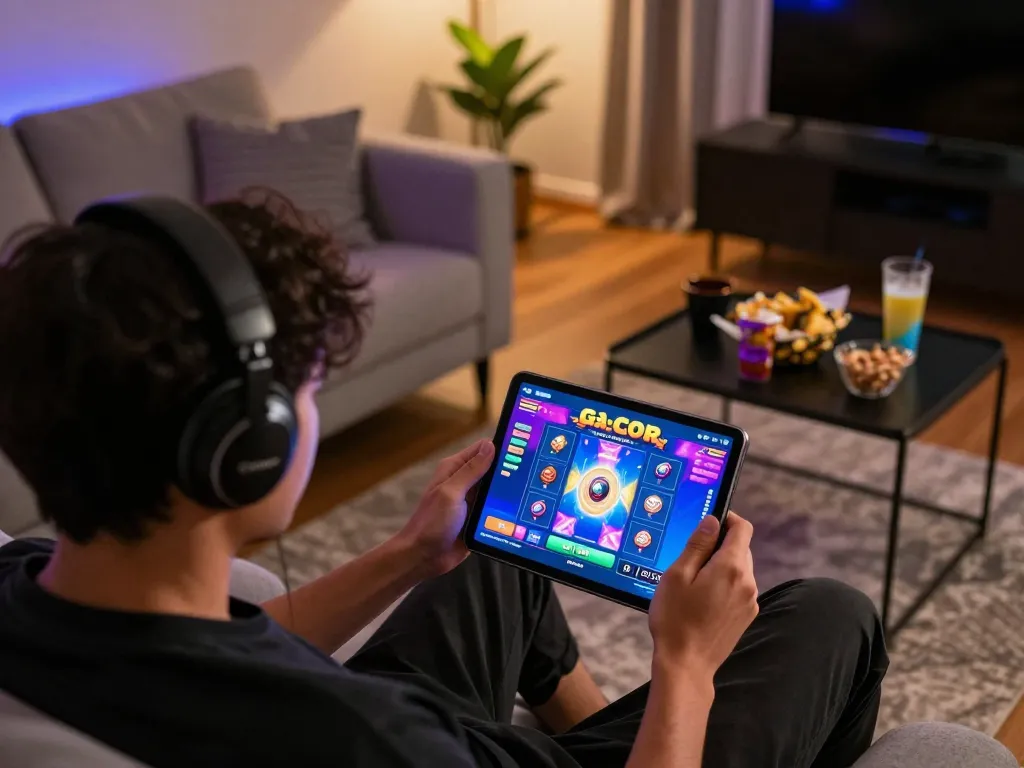 Engaging with Slot Gacor online gaming on tablet in a cozy home setup