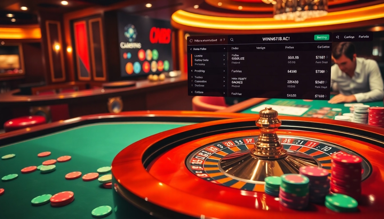 Experience thrilling gaming at https://win678.ac/, featuring a luxurious casino scene with a roulette wheel and vibrant players.