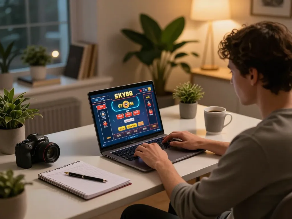 Engaged online gamer playing SKY88 casino games while tracking strategy notes in a cozy home setting.