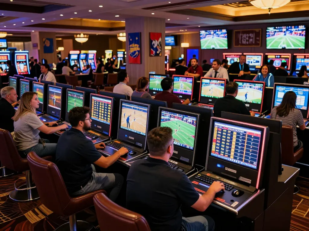 Engaged bettors studying odds at TT88 sports betting area in a vibrant casino setting.