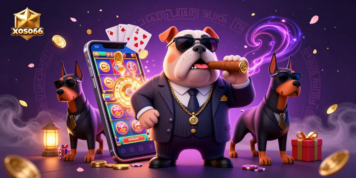 Xoso66 casino illustration featuring a mafia bulldog and Doberman bodyguards amidst vibrant casino elements.