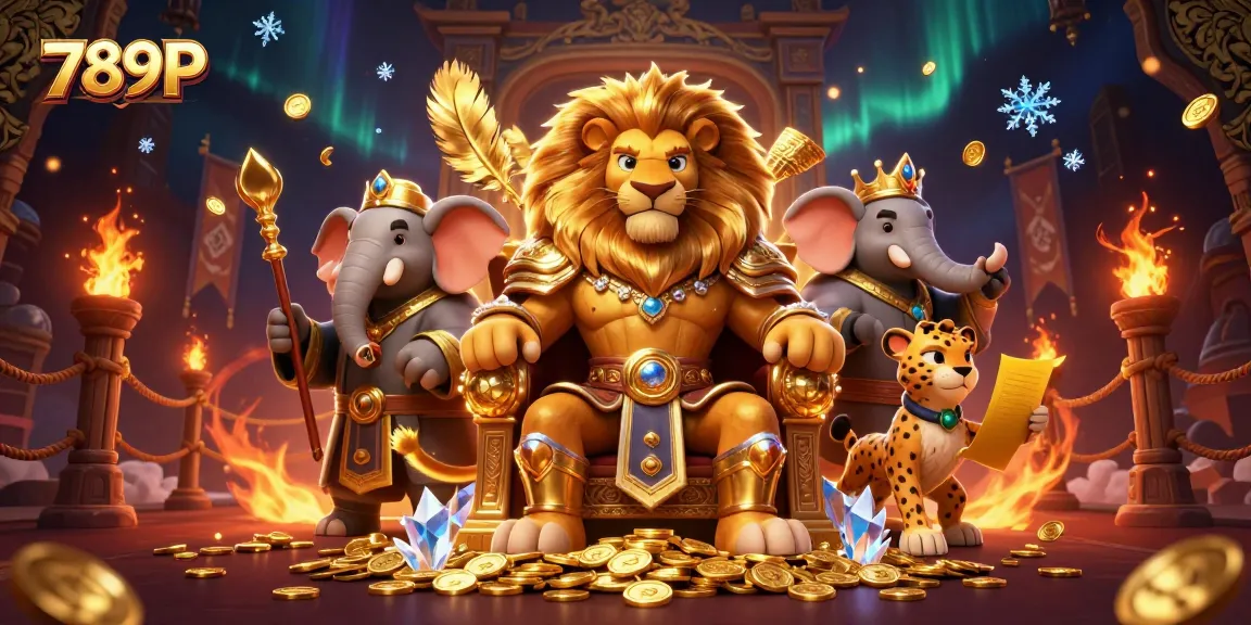 Experience the thrill of 789P with a lion king on his throne surrounded by gold, capturing online casino excitement.