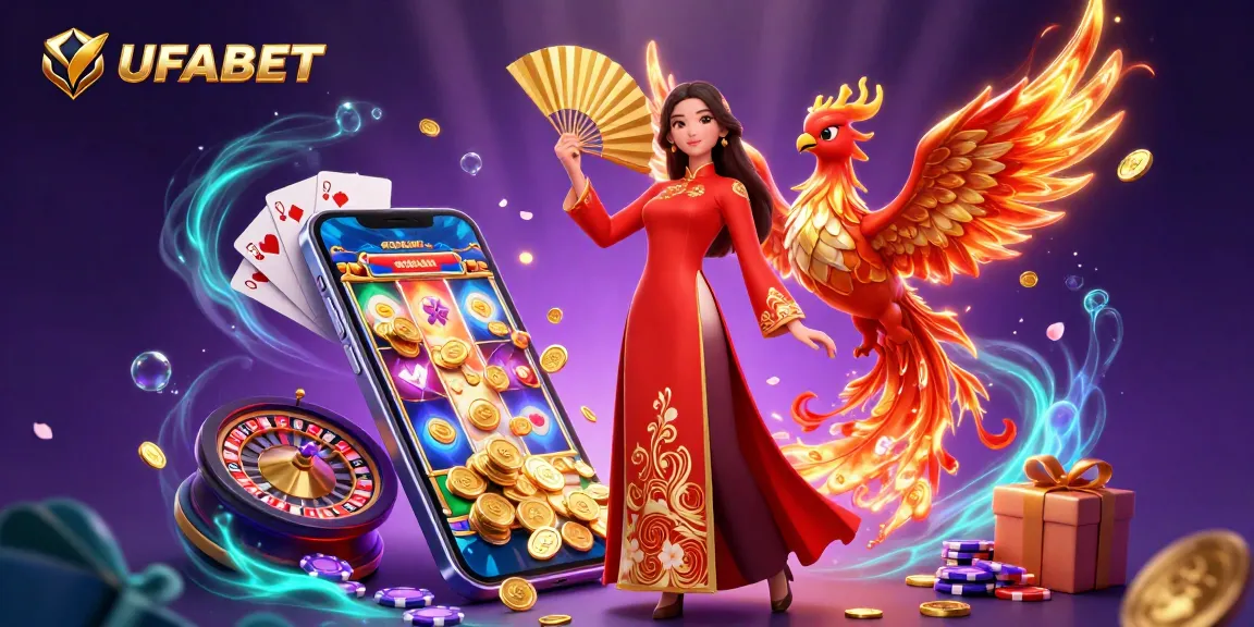 Experience the exhilarating world of UFABET with vibrant casino elements showcasing a beautiful woman and phoenix amidst dynamic gaming action.