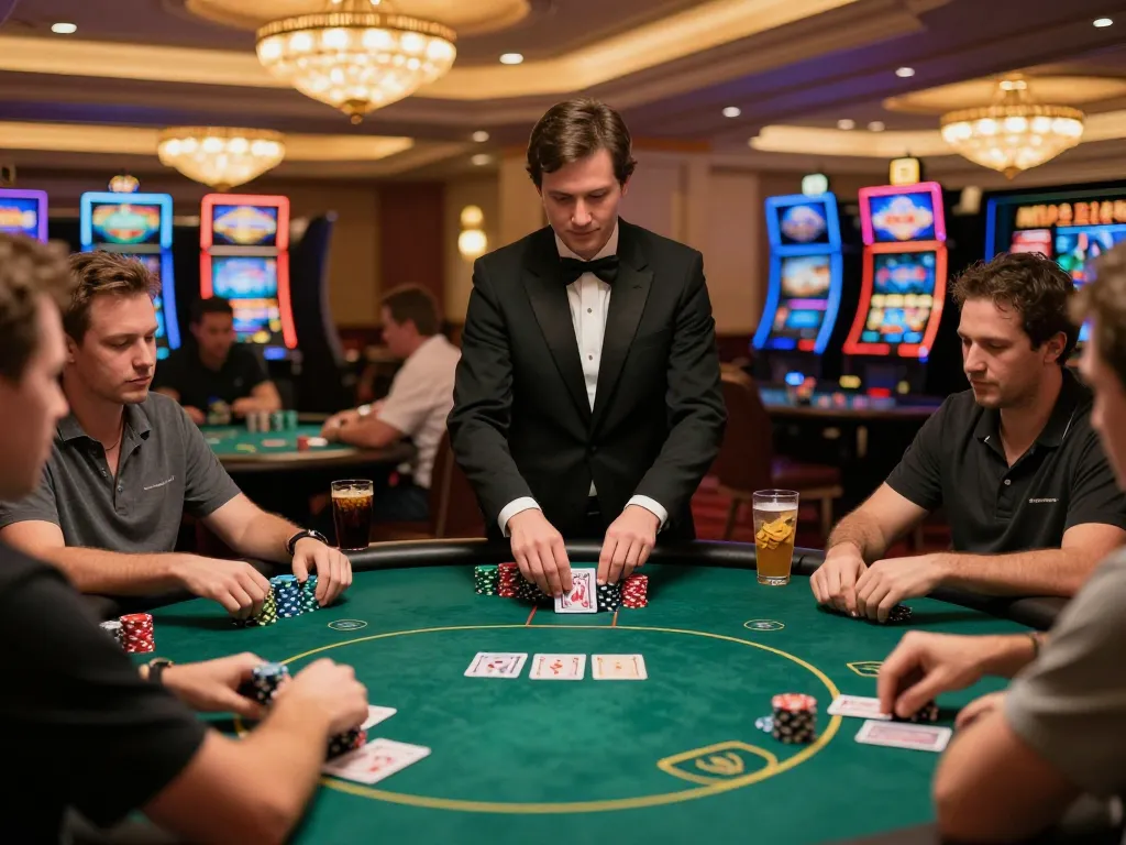 HM88 poker game at an upscale casino with players, chips, and dealer in action