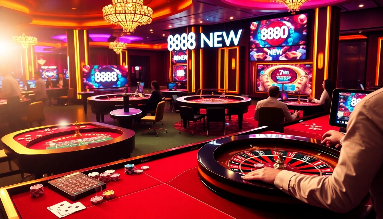 Engaging players at 888NEW experiencing thrilling online gambling with poker chips and roulette.