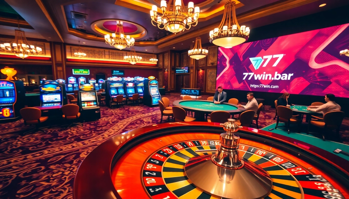 Players engaging in exciting betting action at https://77win.bar/ casino tables and slot machines.