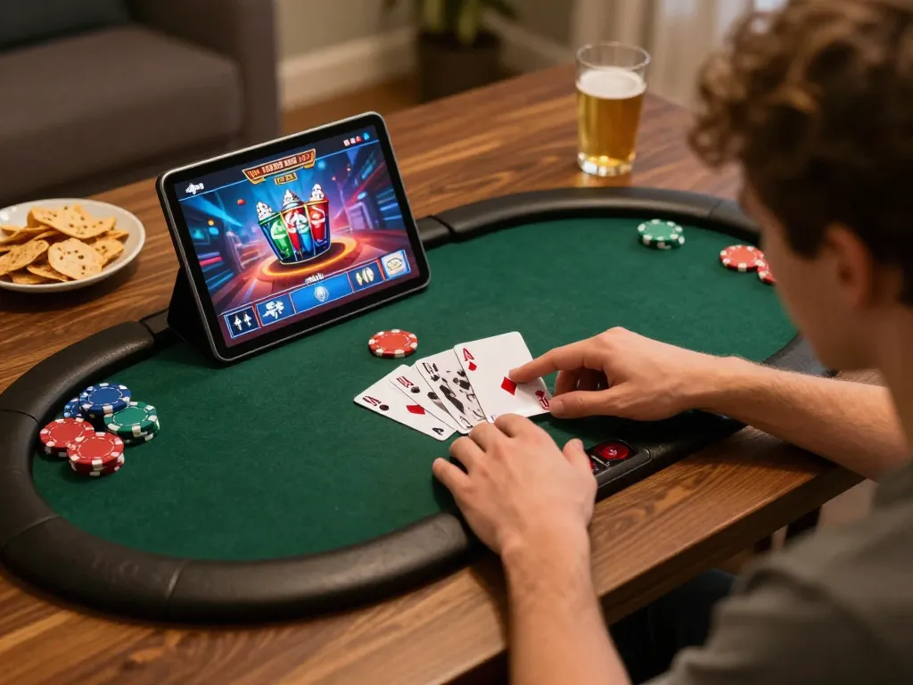 Player using SC88 for an online poker game, confidently placing bets from a cozy home setup