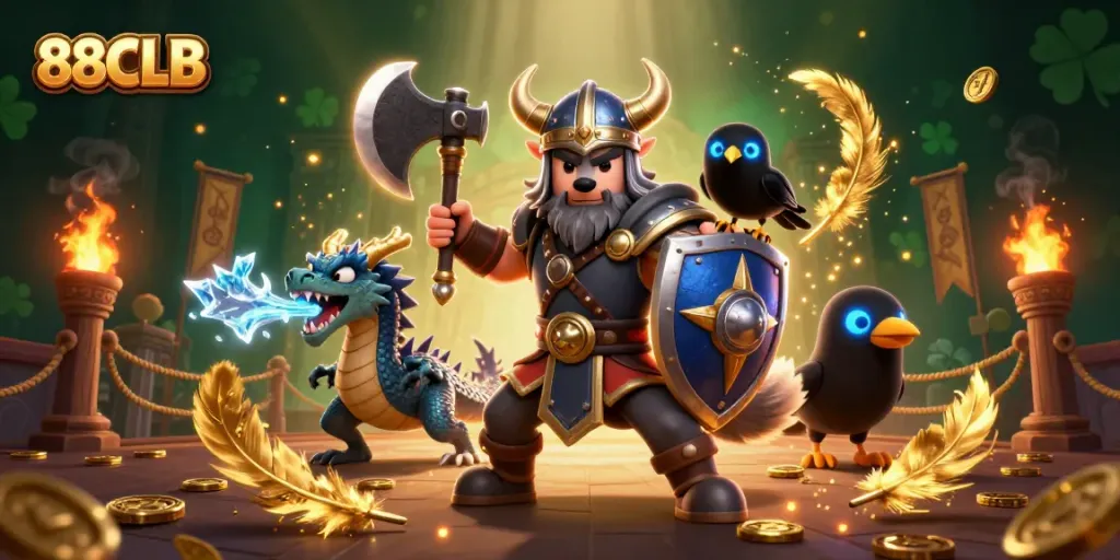 Bet on excitement and adventure with 88CLB featuring Viking warrior, dragon, and treasures in action.