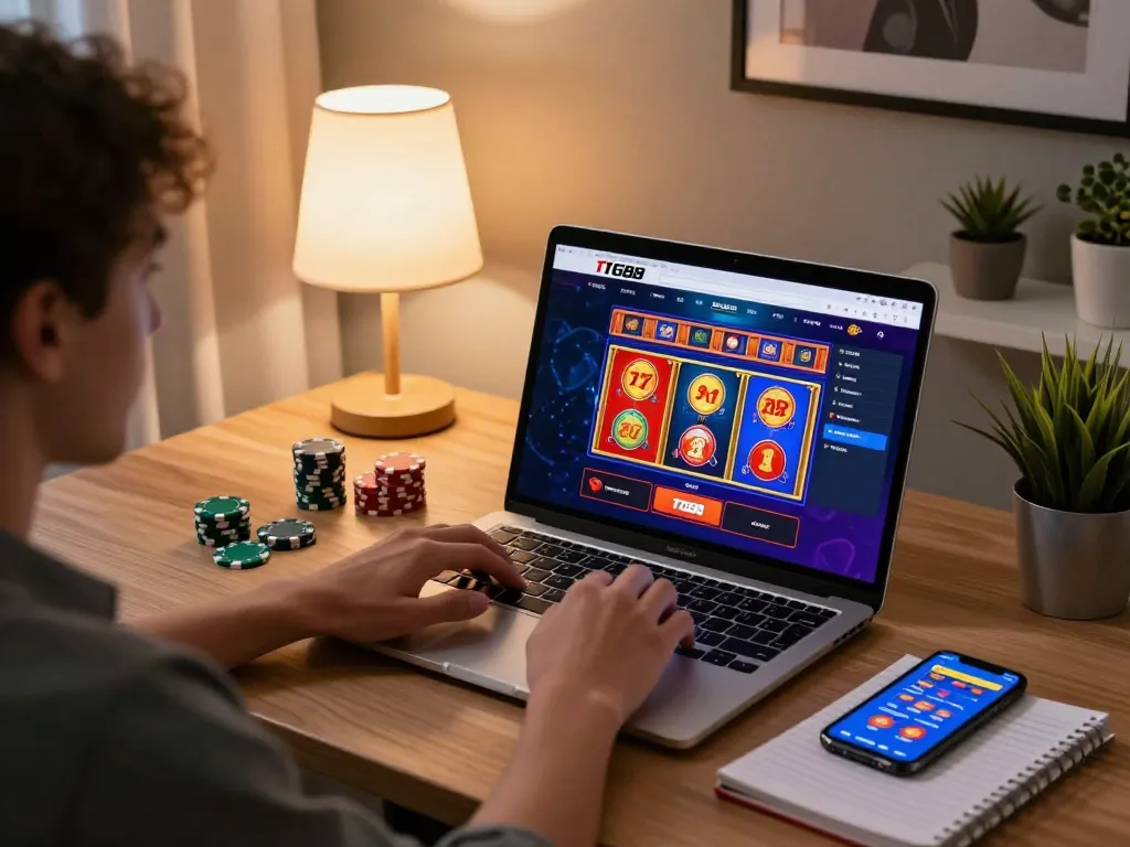 TG88 online gaming experience at home, user engaging on laptop with vibrant slot games interface.