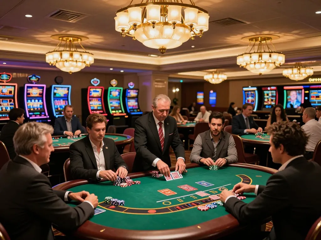 O8 players strategizing in an upscale casino environment, capturing the excitement of blackjack gameplay