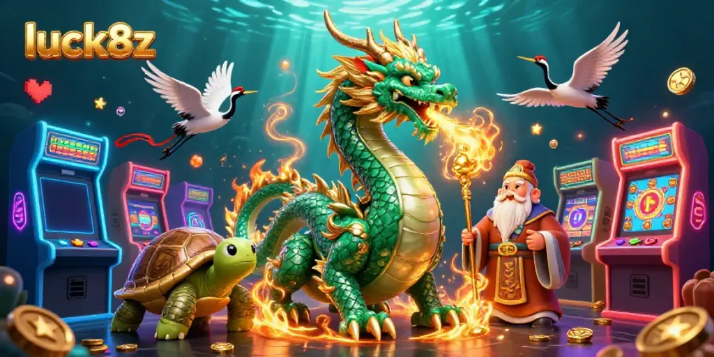 Experience the luck8z magic as a massive emerald jade dragon breathes golden fire, surrounded by vibrant gaming elements.