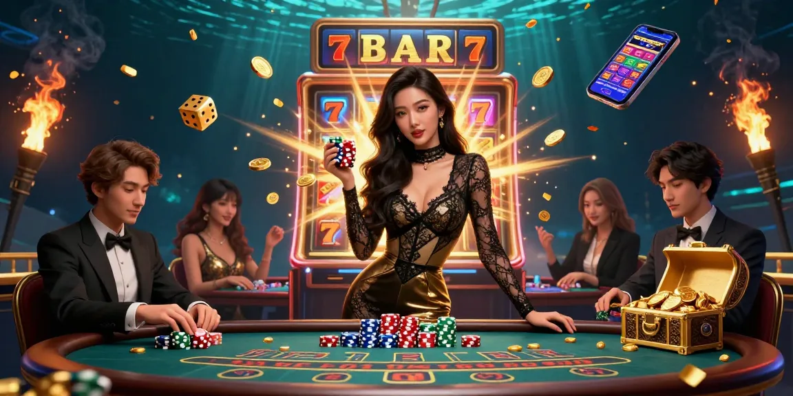 Xoilac showcases a glamorous casino scene with a confident Asian woman at a baccarat table, surrounded by rich gaming elements.