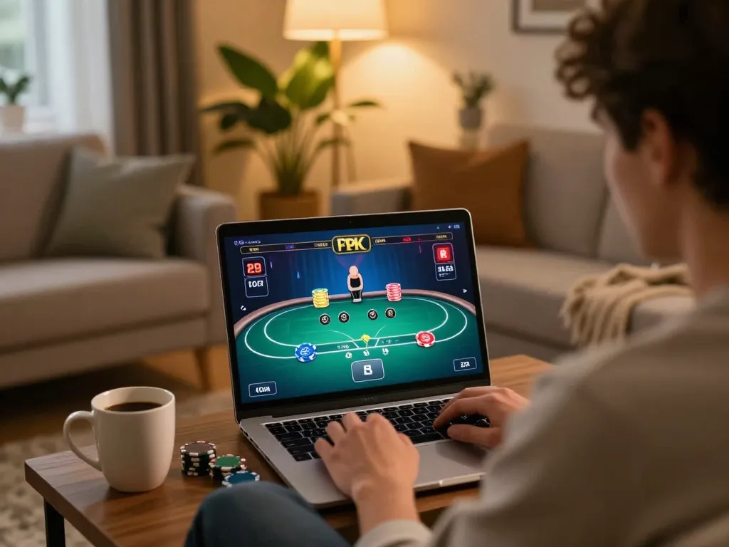 Player enjoying an online poker game on their laptop at home, featuring cozy atmosphere and strategic gameplay.