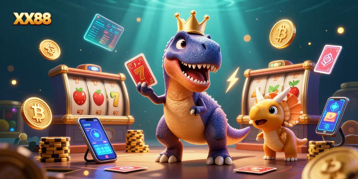 Play exciting games at XX88 with a fun depiction of a T-Rex, pterodactyl, and triceratops celebrating casino wins.