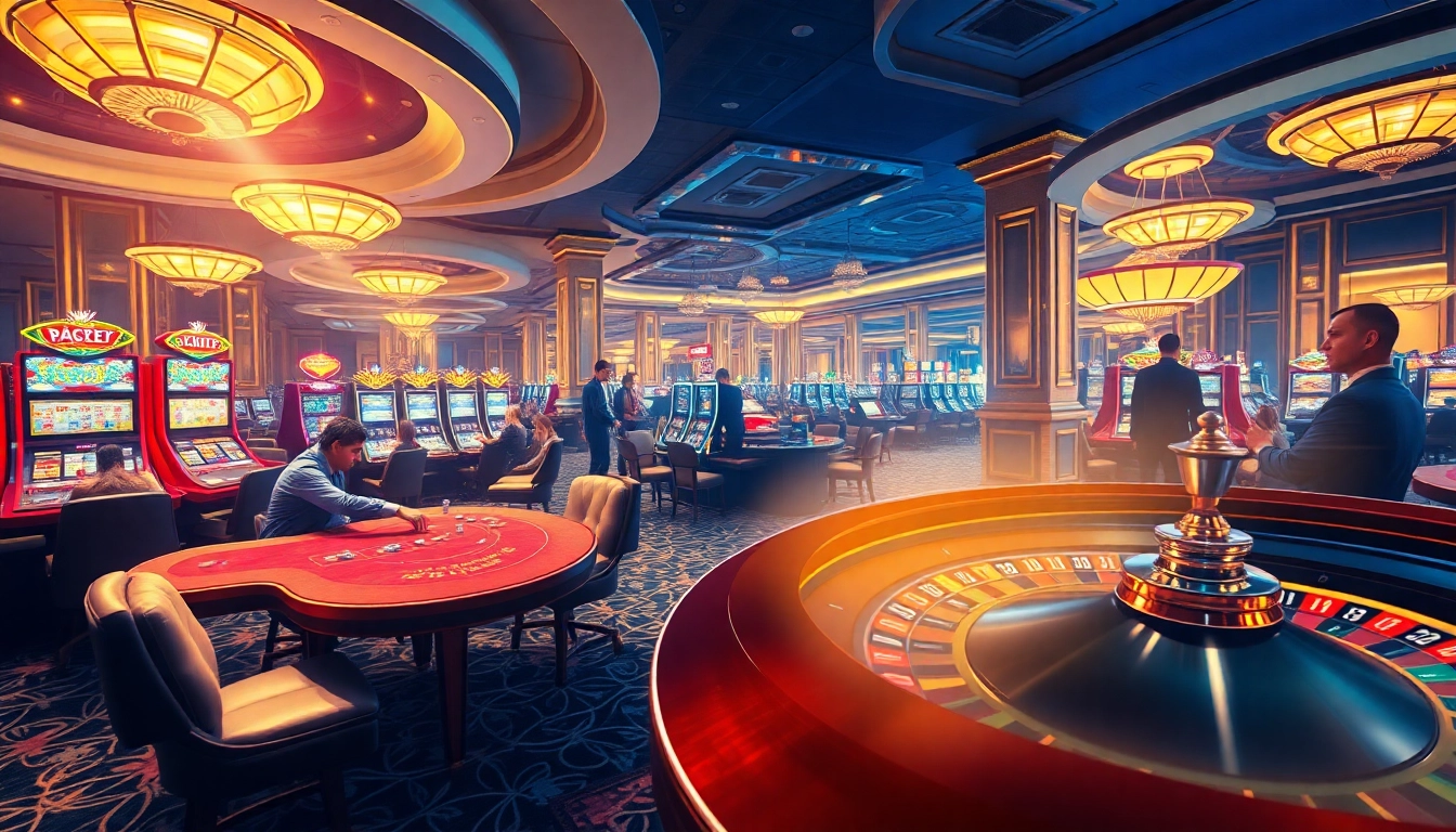 Experience the thrill of gambling at RR88 KJC with vibrant casino tables and spinning roulette wheels.