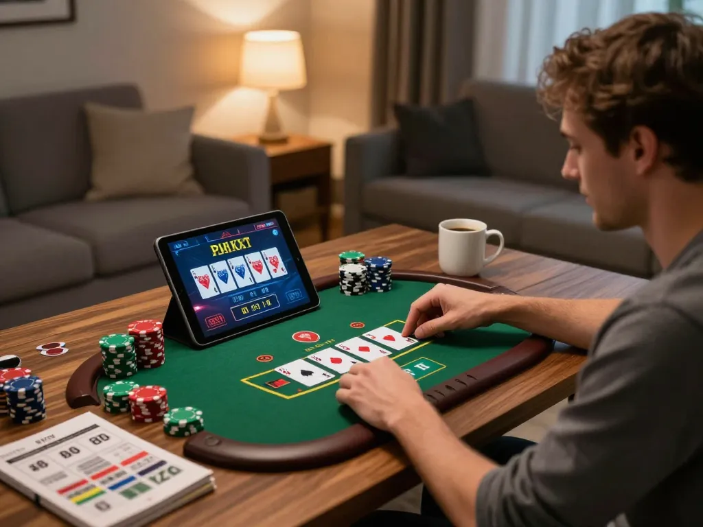 Player enjoying blackjack on 789WIN tablet in cozy home setup, emphasizing strategic gameplay.
