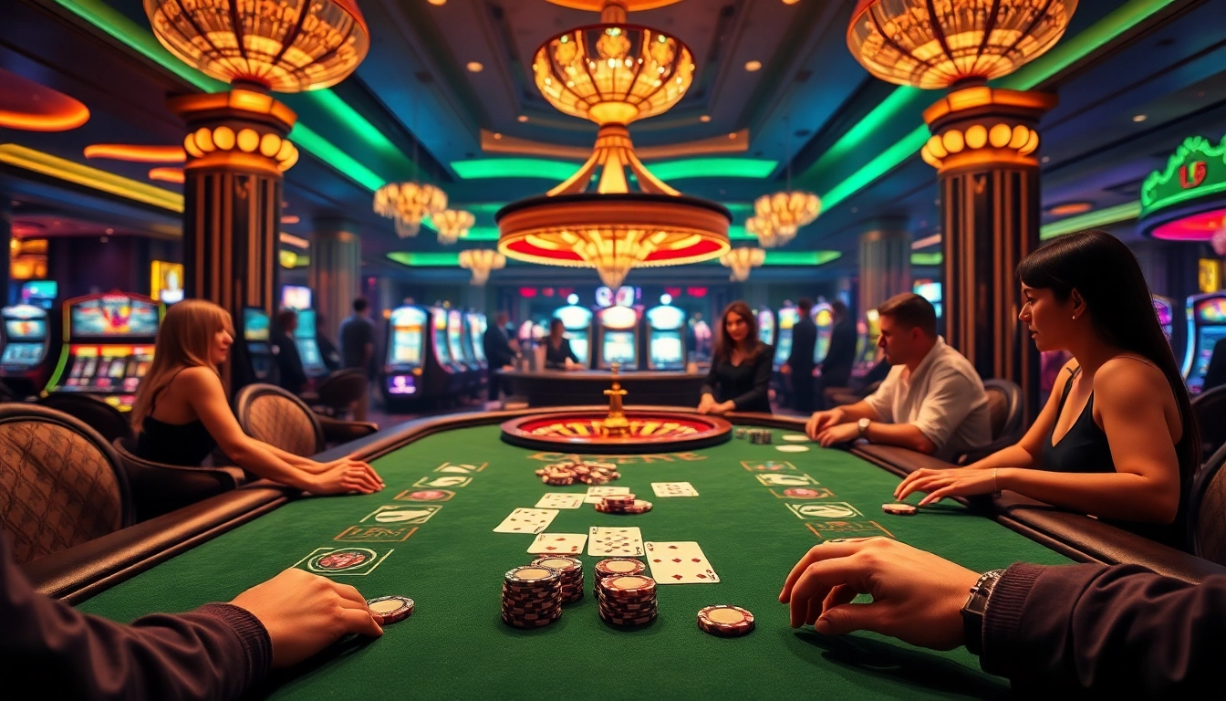 A high-stakes poker game in a luxurious casino setting, showcasing bomwin-themed action with exciting cards and chips.